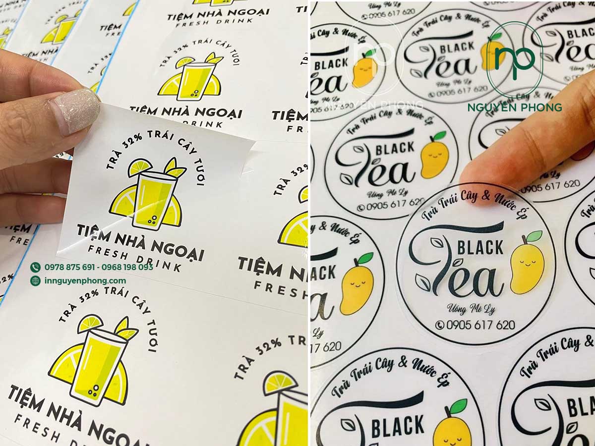 Bế demi trên mẫu tem nhãn dán tiệm trà trái cây